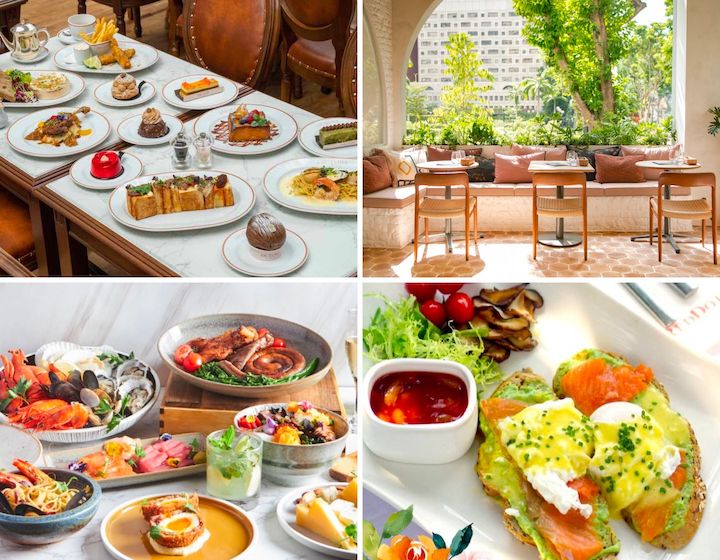 Sunday brunch buffet set up in Luxury Hotel, Brunch with Family in  Restaurant. Various delicious food in restaurant Stock Photo